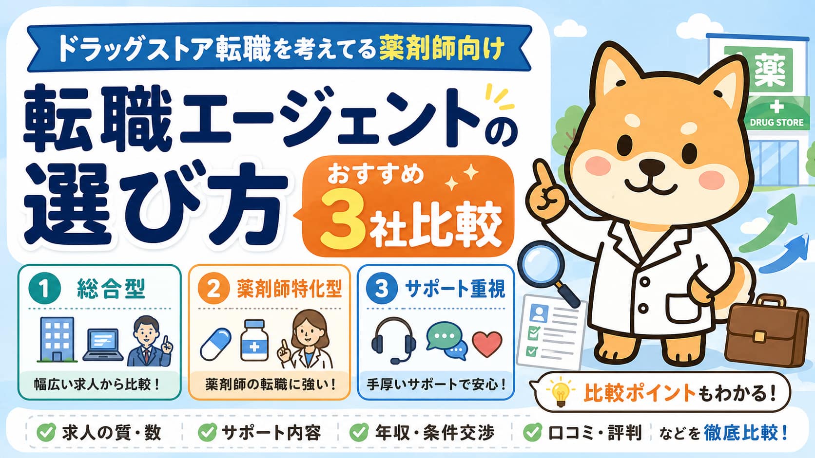 【ドラッグストア転職を考えてる薬剤師向け】転職エージェントの選び方と3社比較アイキャッチ画像